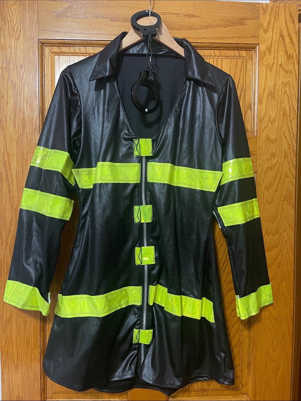 Women's Halloween costume Black with Neon Yellow Reflective Stripes costume.